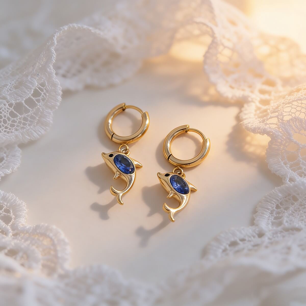 Blue Crystal Dolphin Huggie Hoop Earrings