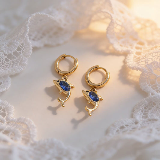 Blue Crystal Dolphin Huggie Hoop Earrings