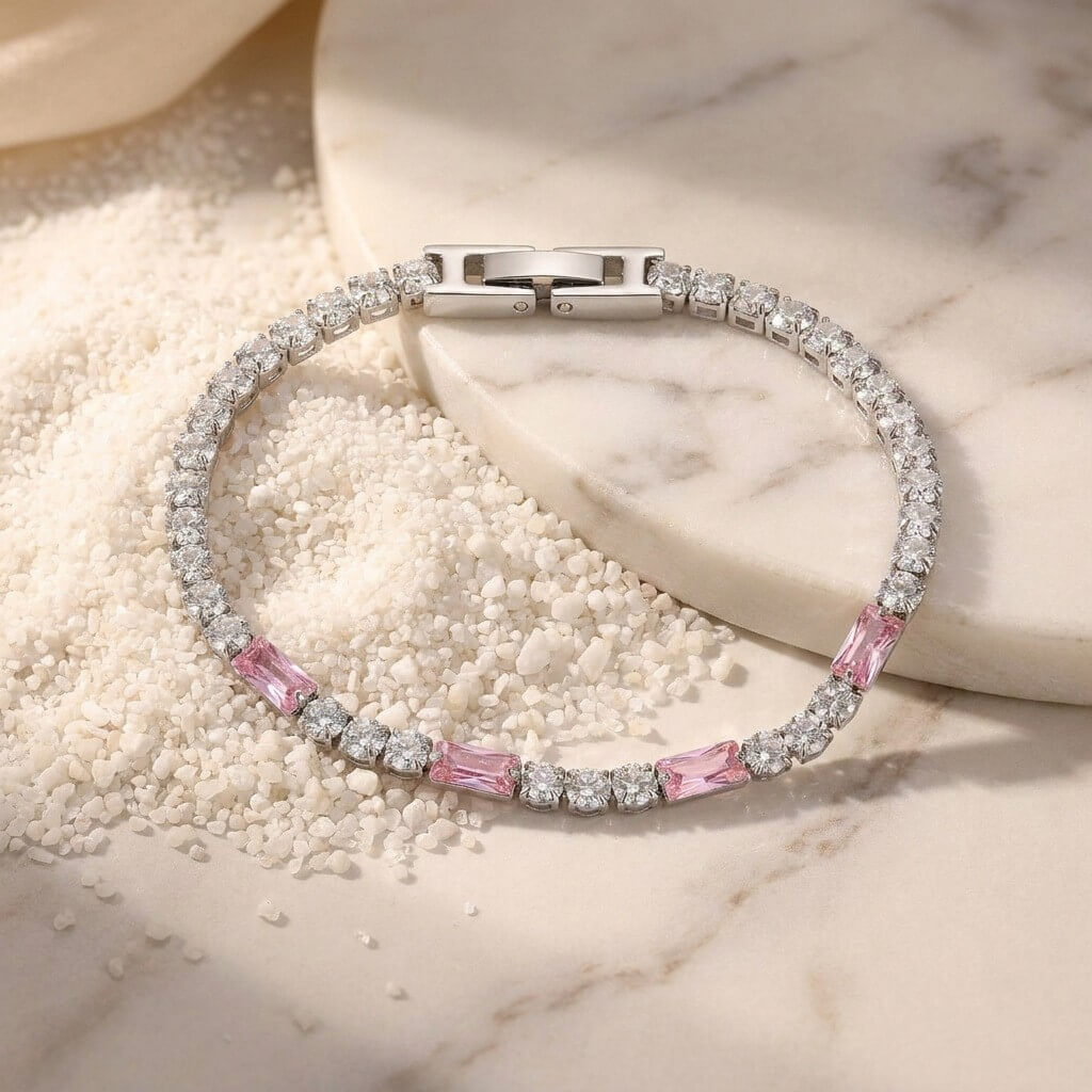 Waterproof Pink Baguette CZ Tennis Bracelet Chain