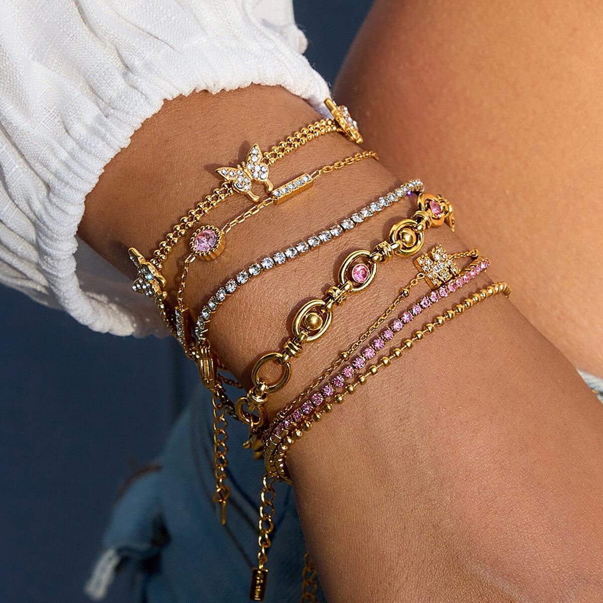 18K Gold Plated Butterfly & Crystal Bracelet Stack Set