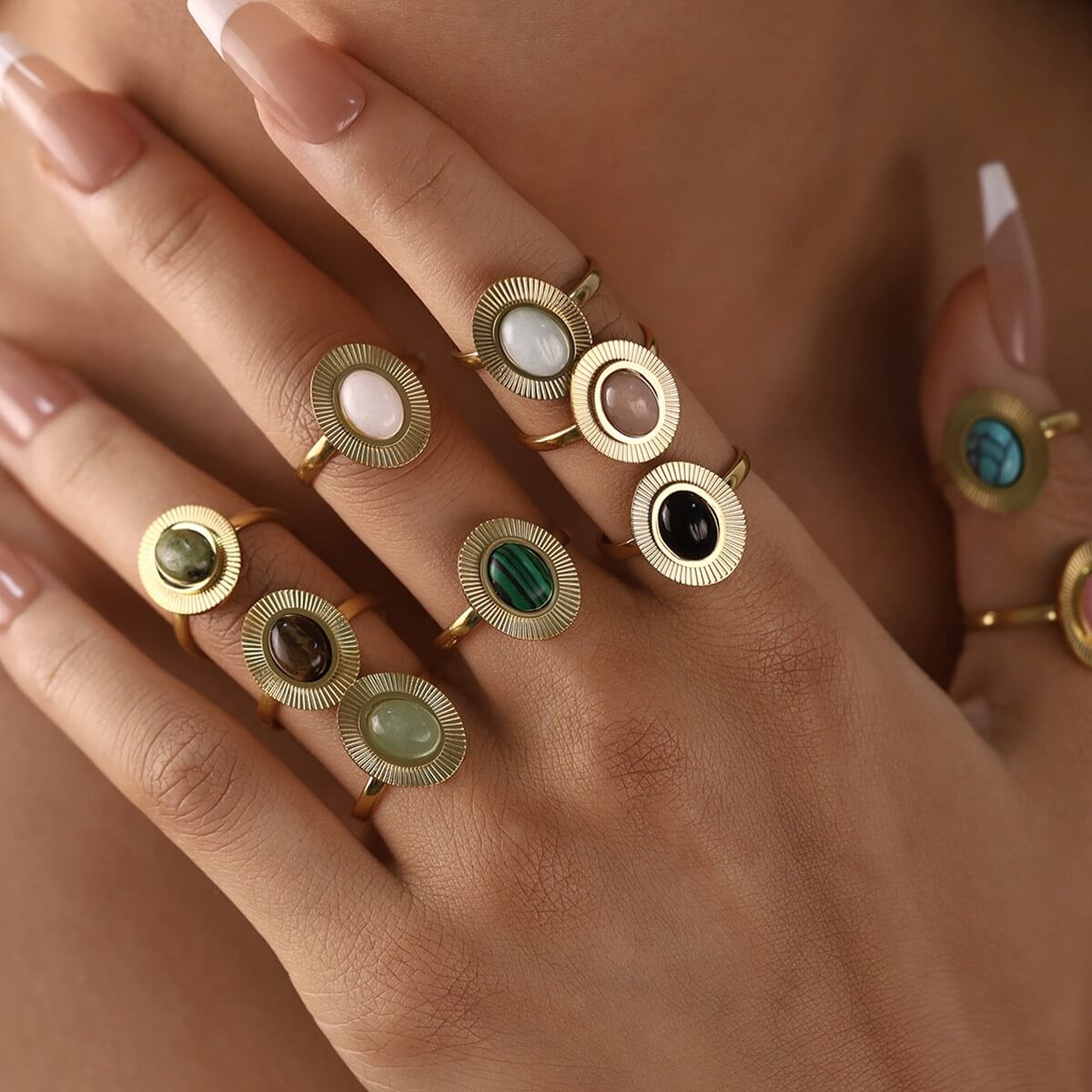 Vintage Sunburst Natural Gemstone Open Ring