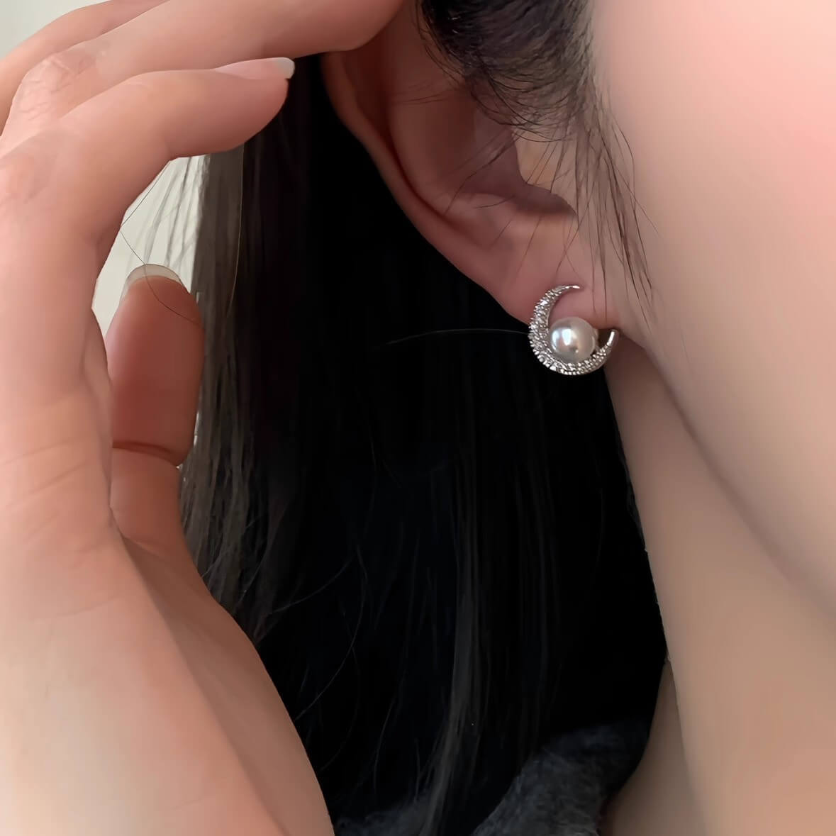 Crescent Moon Pearl CZ Stud Earrings