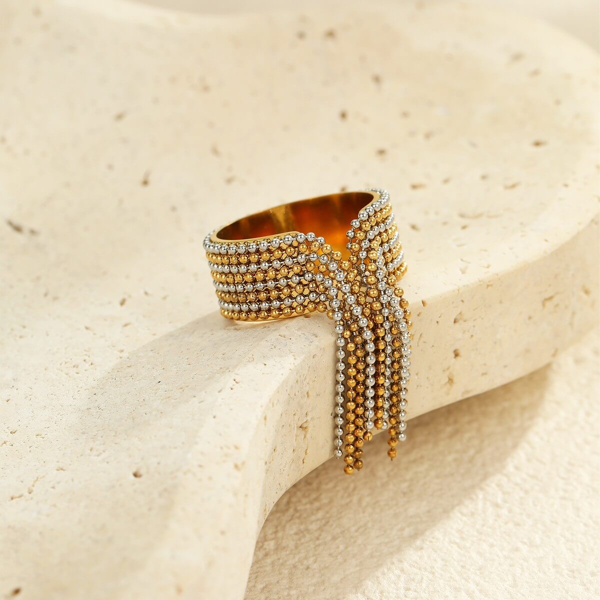 Waterproof Beaded Tassel Mesh Ring 18K Gold Plated