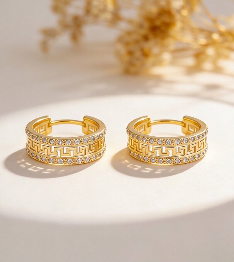 14K Gold Plated Brass Vintage Greek Key CZ Hoop Earrings