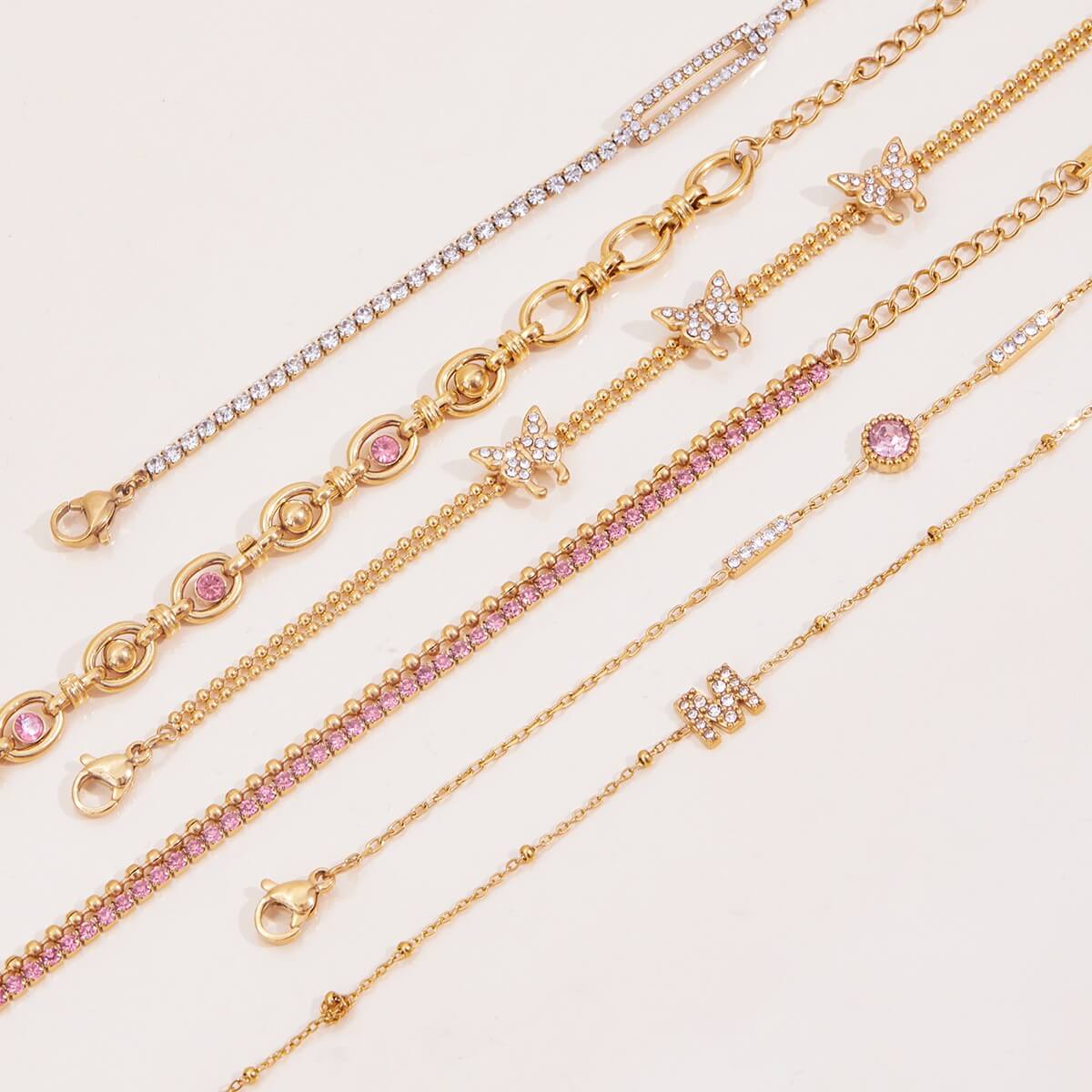 18K Gold Plated Butterfly & Crystal Bracelet Stack Set