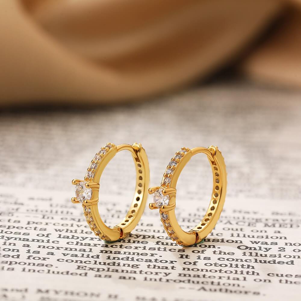 Dainty Textured CZ Huggie Hoop Earrings - 18K Gold Plated Brass