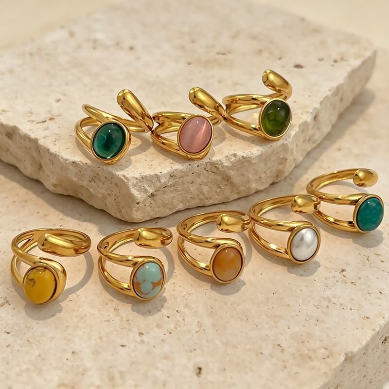 18K Gold Oval Gemstone Bypass Open Ring