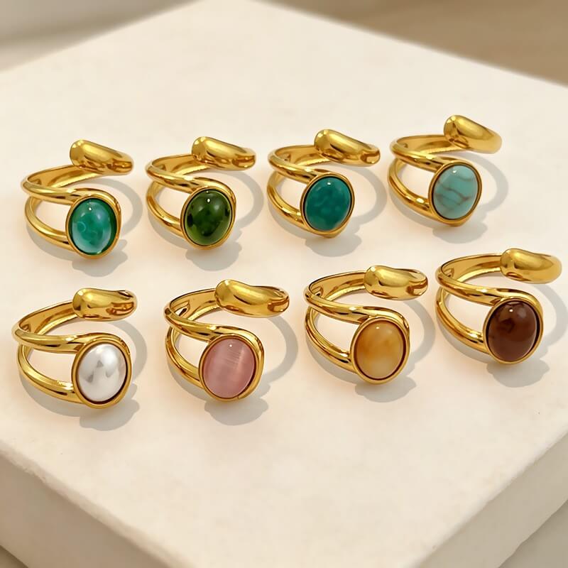 18K Gold Oval Gemstone Bypass Open Ring