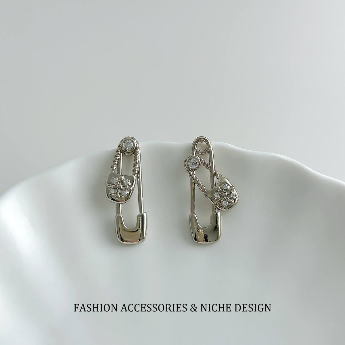 Punk Safety Pin Lock CZ Drop Stud Earrings