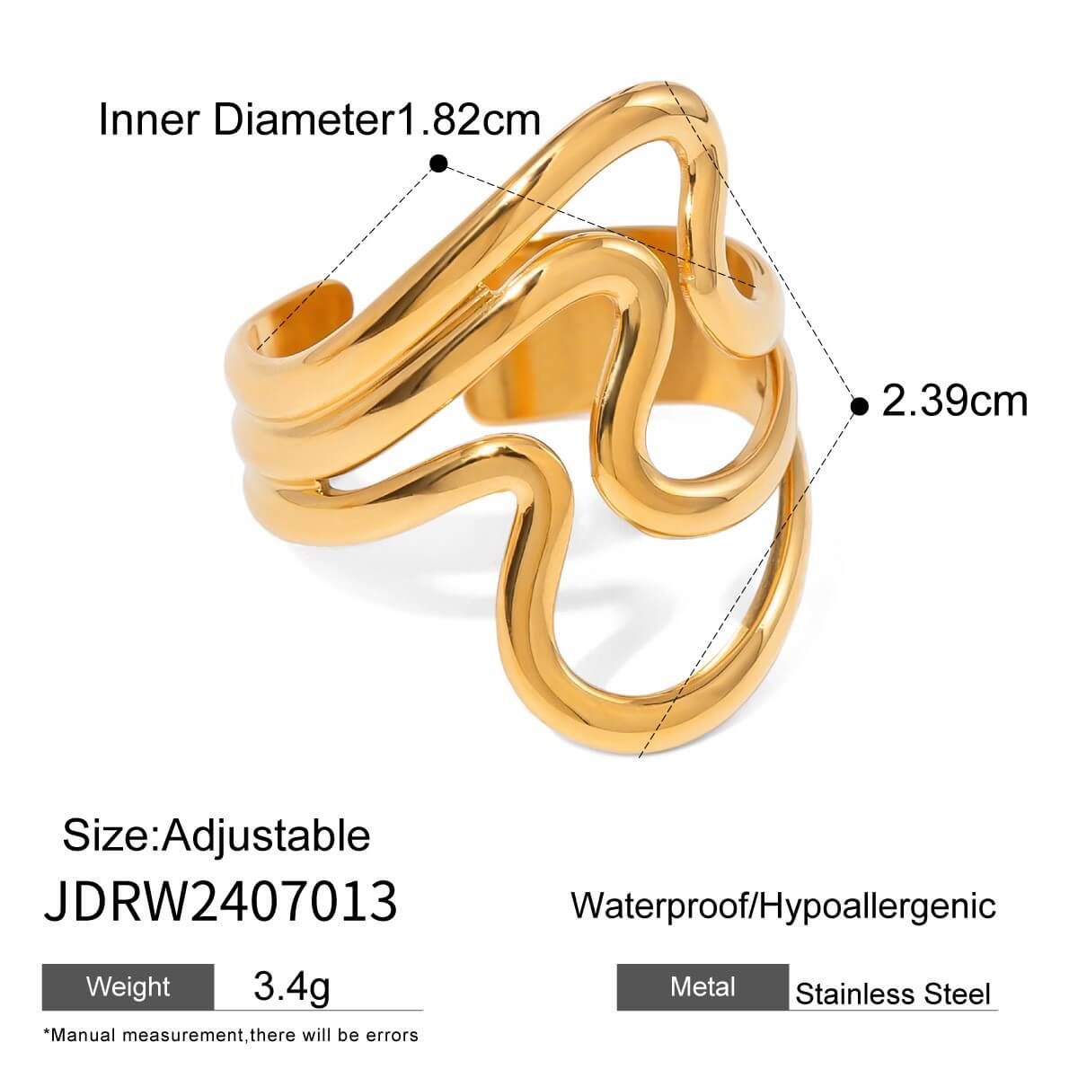 Waterproof Sculptural Wave Open Rings