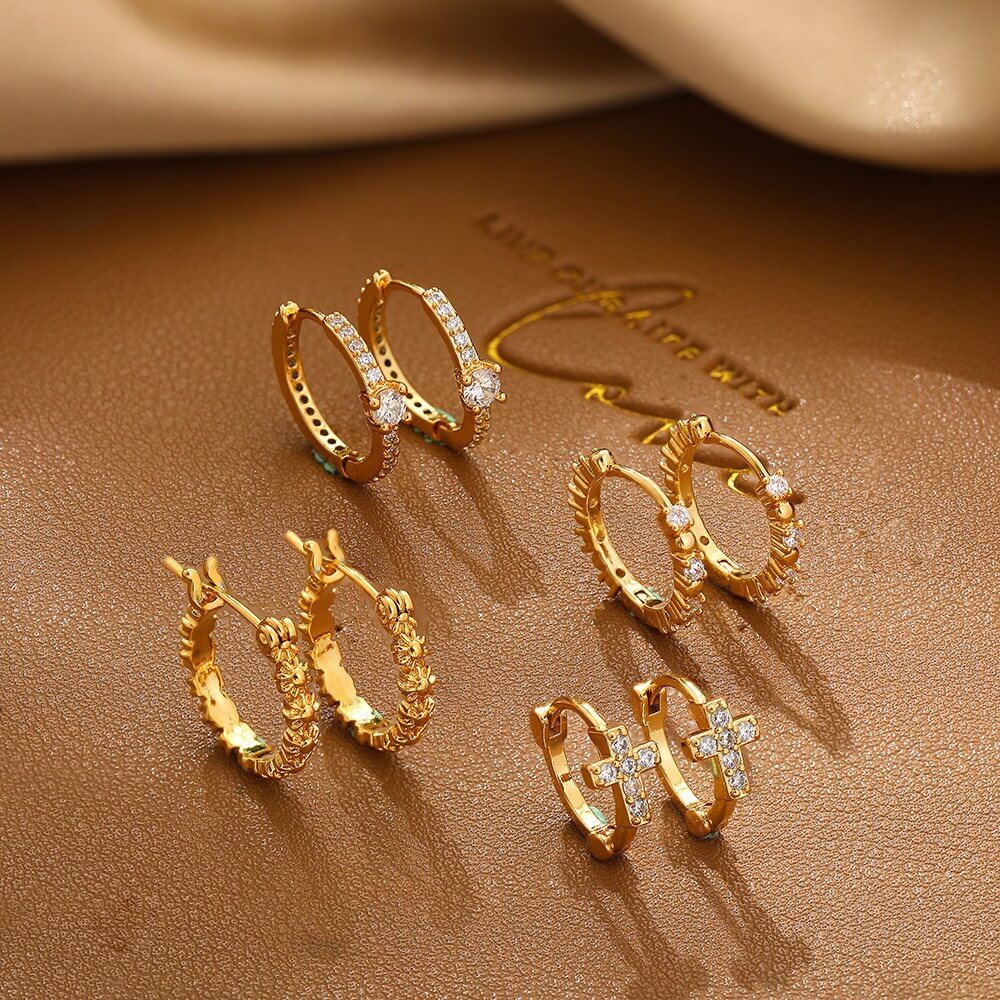 Dainty Textured CZ Huggie Hoop Earrings - 18K Gold Plated Brass