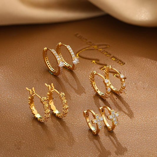Dainty Textured CZ Huggie Hoop Earrings - 18K Gold Plated Brass