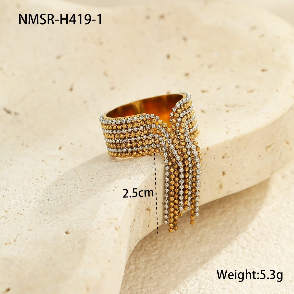 Waterproof Beaded Tassel Mesh Ring 18K Gold Plated