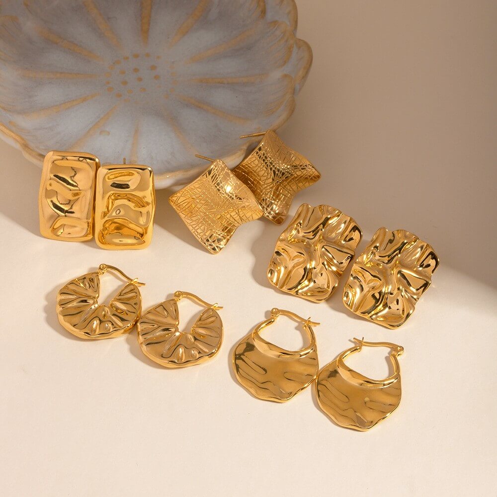 Waterproof Textured Gold Statement Earrings