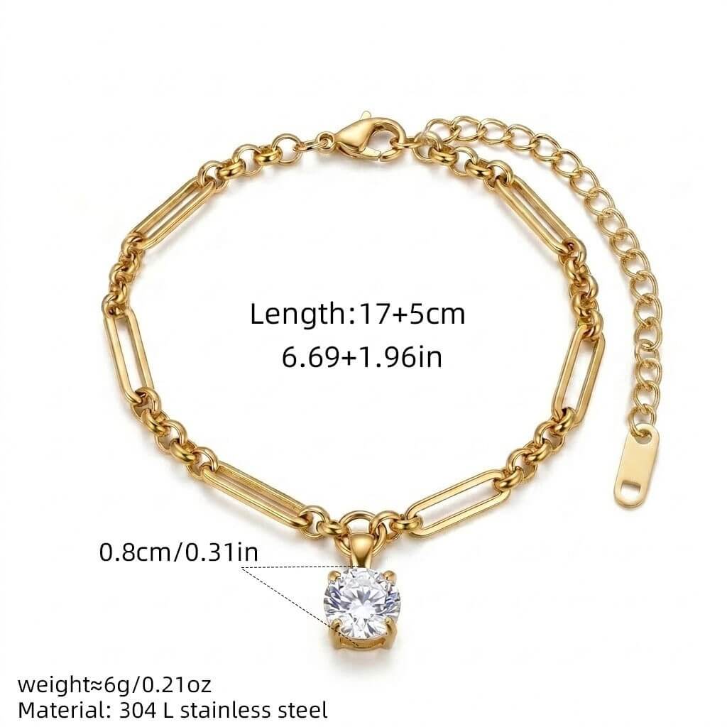 Waterproof Paperclip Chain Solitaire CZ Charm Bracelet