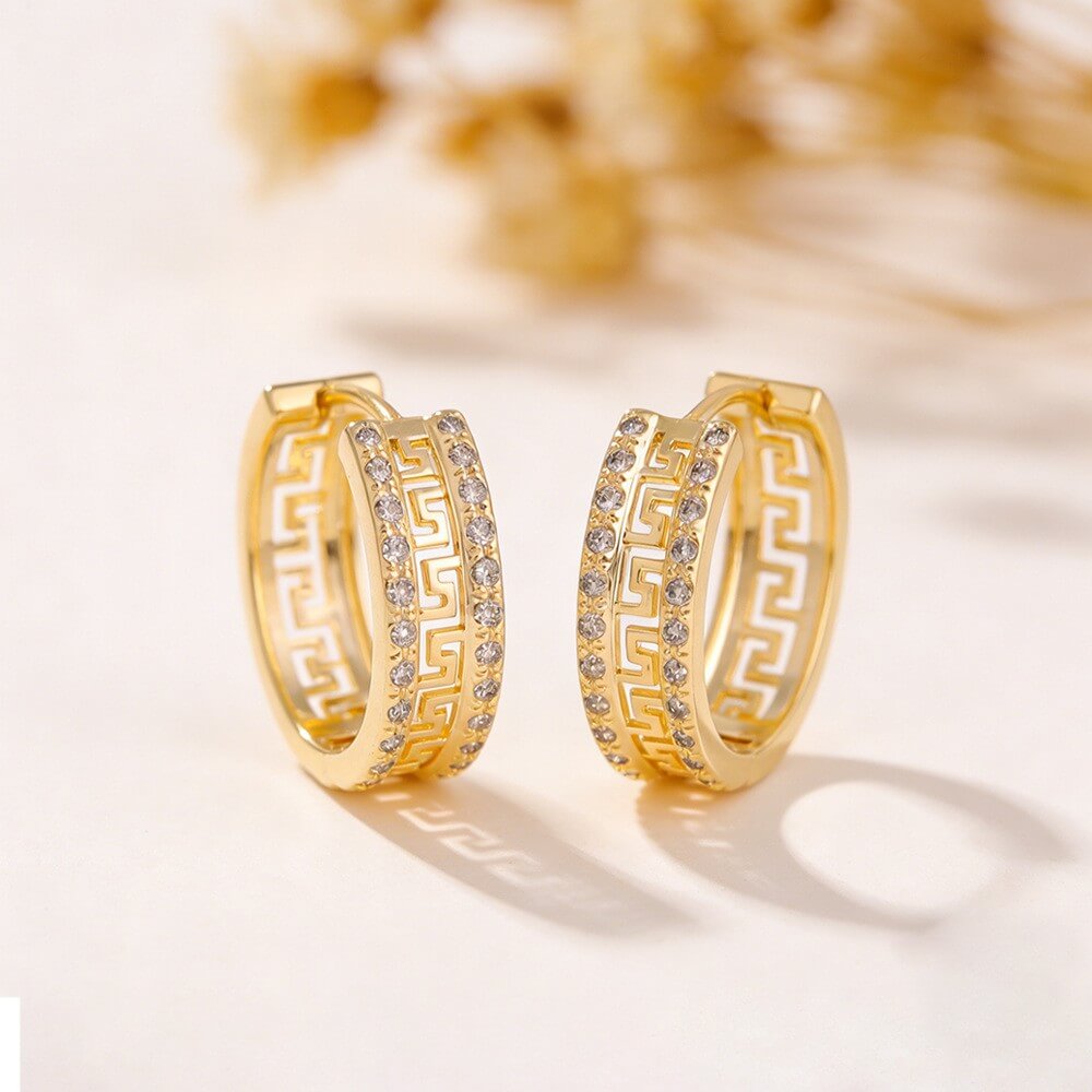 14K Gold Plated Brass Vintage Greek Key CZ Hoop Earrings