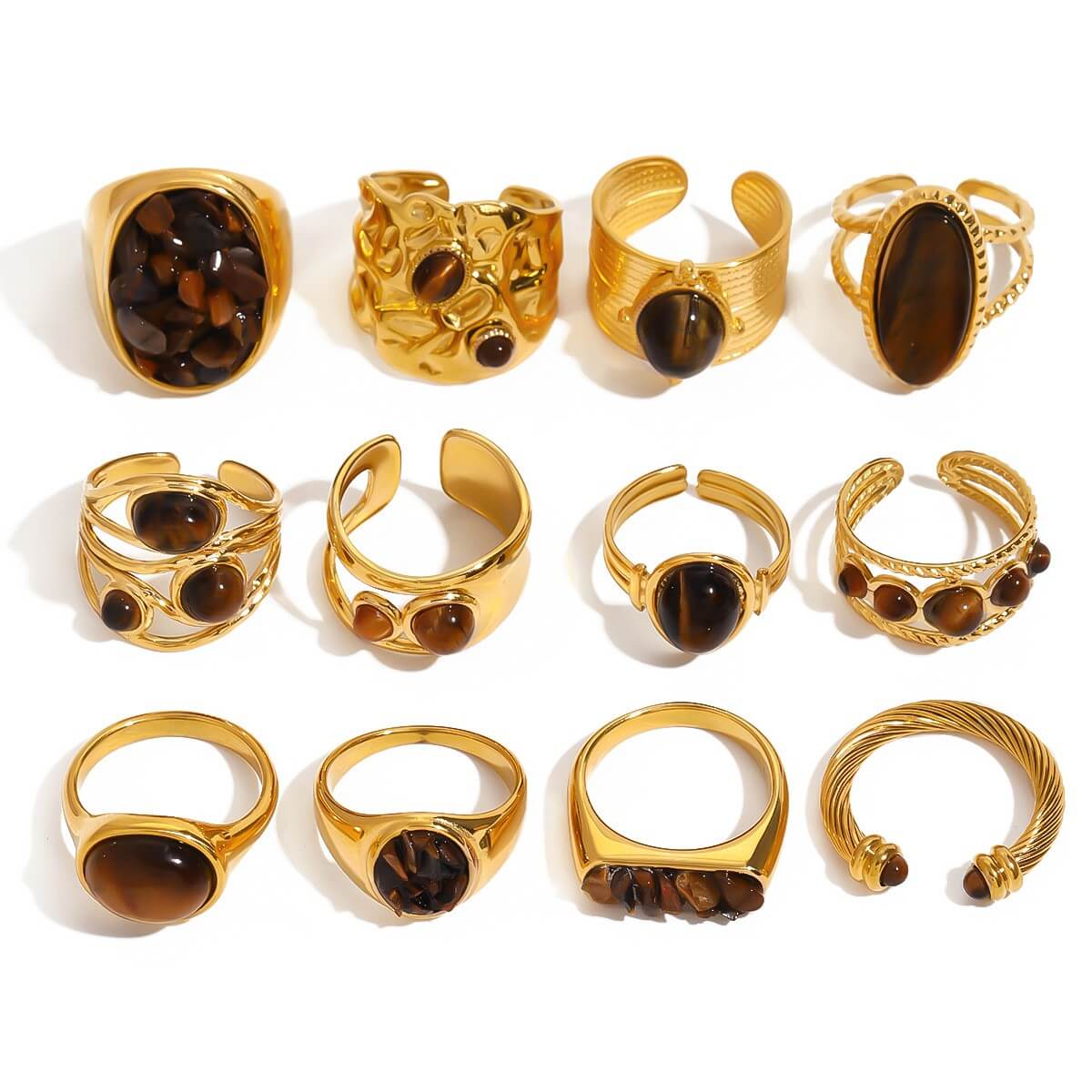 Natural Tiger's Eye Rings - 18K Gold Plated Stainless Steel