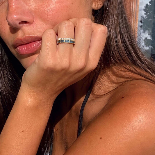 Waterproof Ocean Blue Baguette CZ Double Row Ring