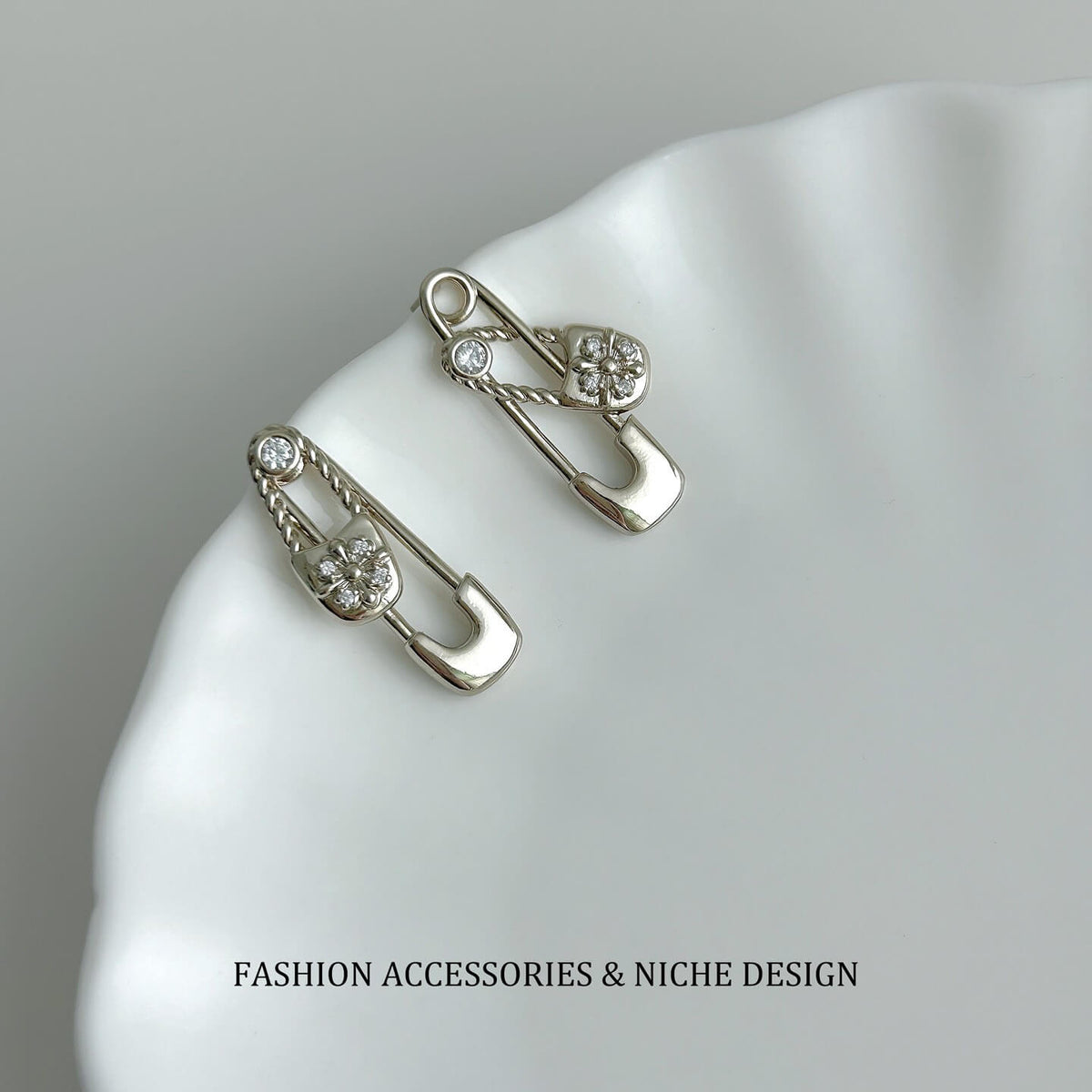 Punk Safety Pin Lock CZ Drop Stud Earrings