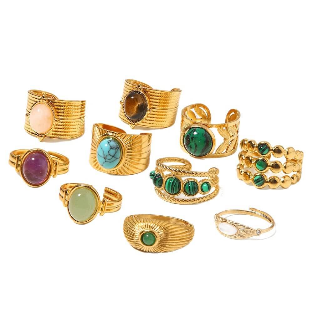 Vintage Natural Gemstone Textured Open Ring