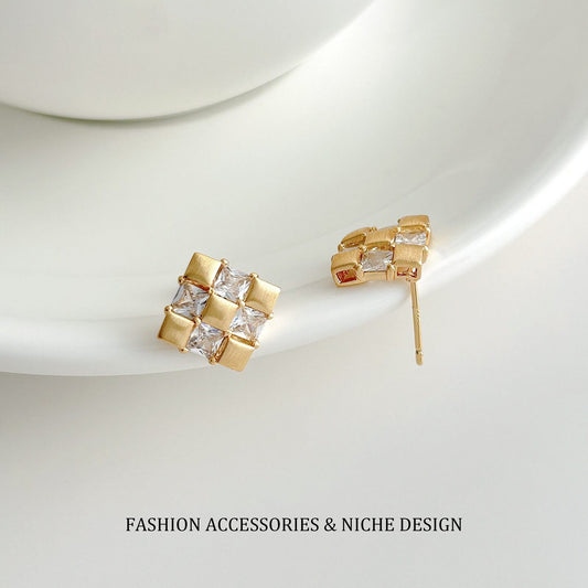Checkerboard CZ Square Stud Earrings