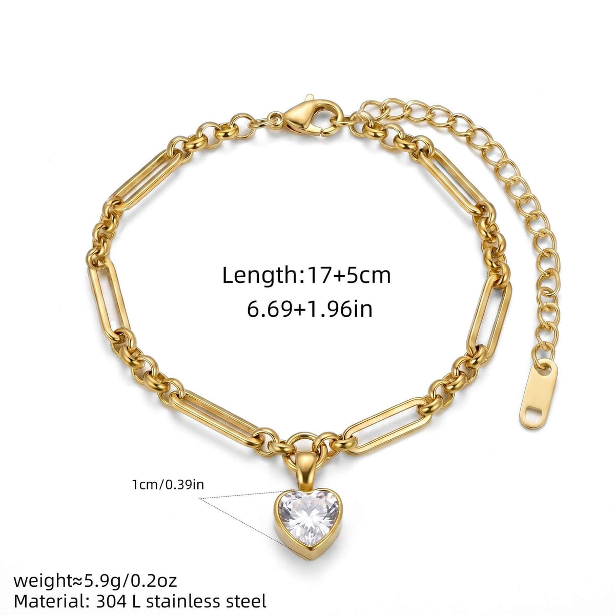 Waterproof Paperclip Chain Solitaire CZ Charm Bracelet