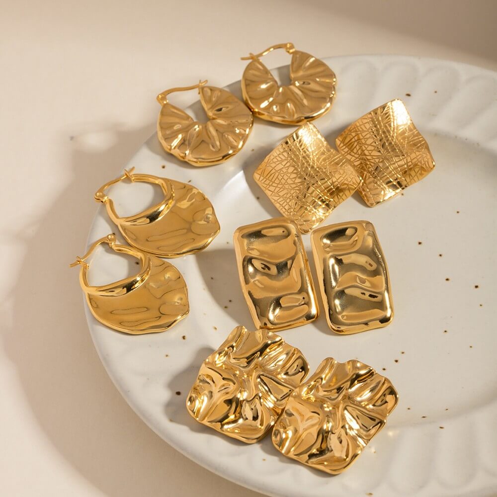 Waterproof Textured Gold Statement Earrings