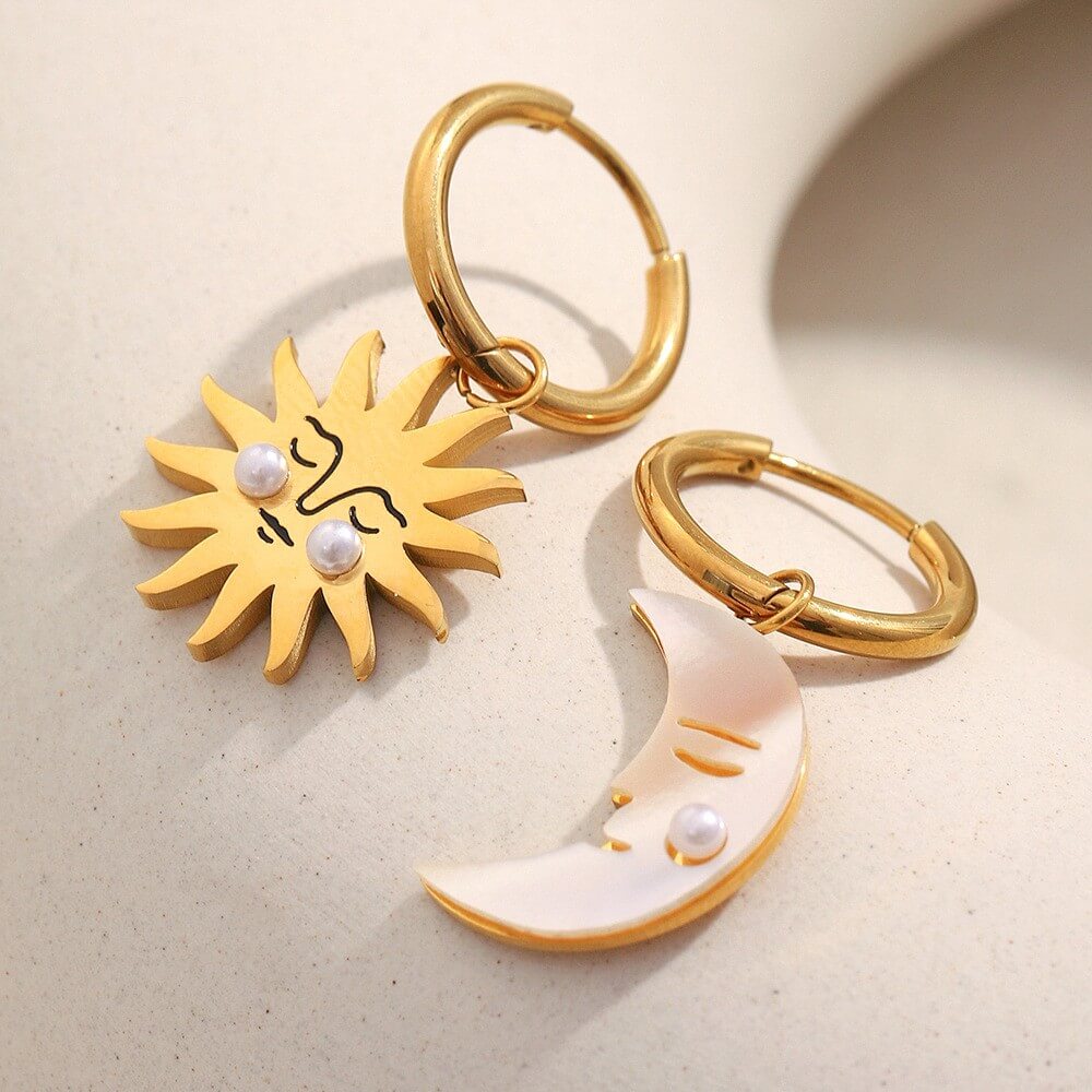 Asymmetric Sun and Moon Huggie Hoop Earrings