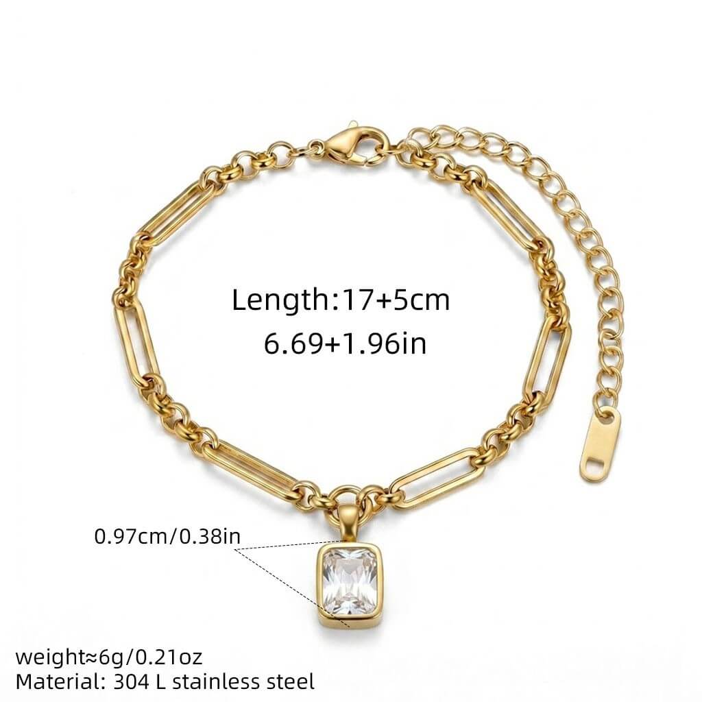 Waterproof Paperclip Chain Solitaire CZ Charm Bracelet