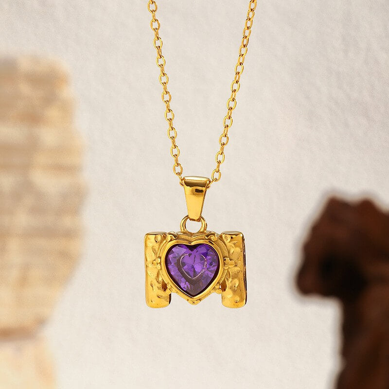 Retro Framed Heart CZ Birthstone Necklace