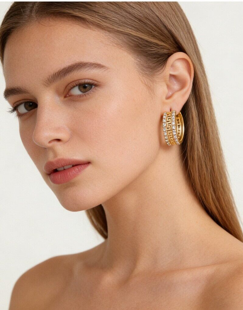 14K Gold Plated Brass Vintage Greek Key CZ Hoop Earrings