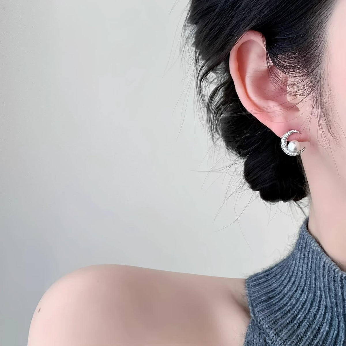 Crescent Moon Pearl CZ Stud Earrings
