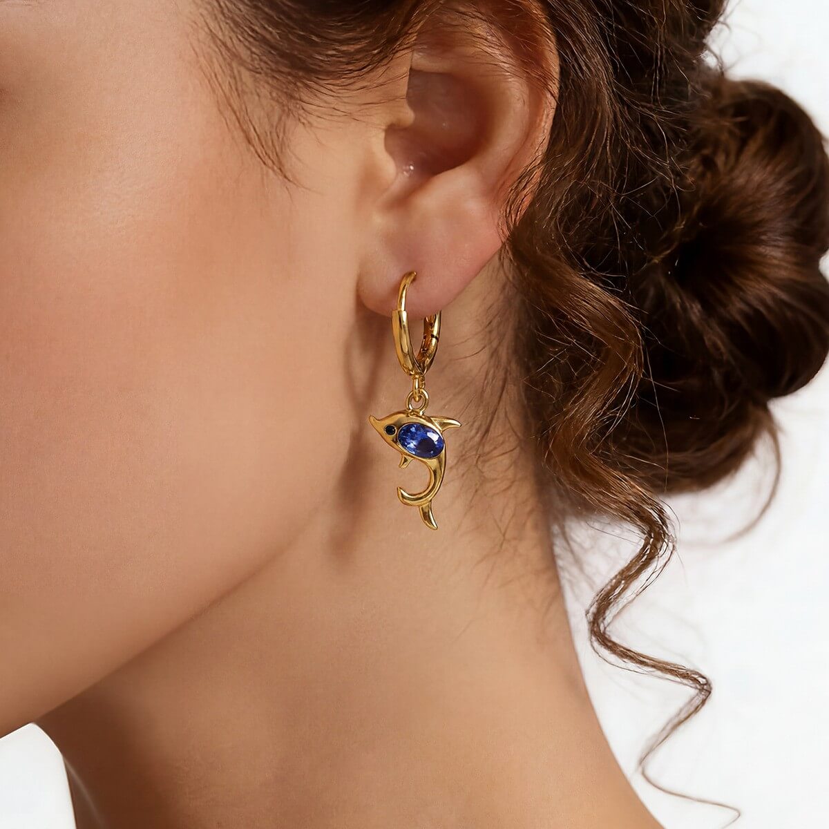 Blue Crystal Dolphin Huggie Hoop Earrings