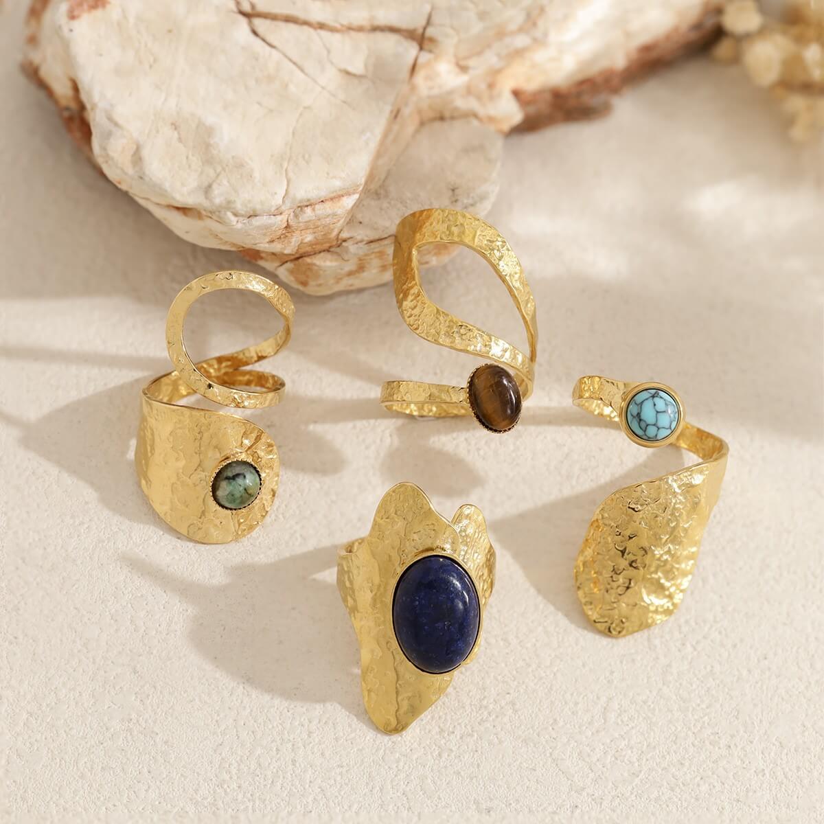 Boho Natural Stone Hammered Open Ring