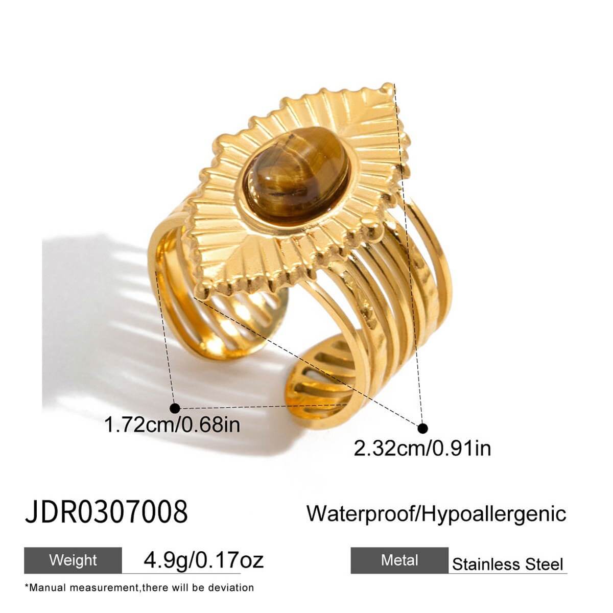 Natural Tiger's Eye Rings - 18K Gold Plated Stainless Steel