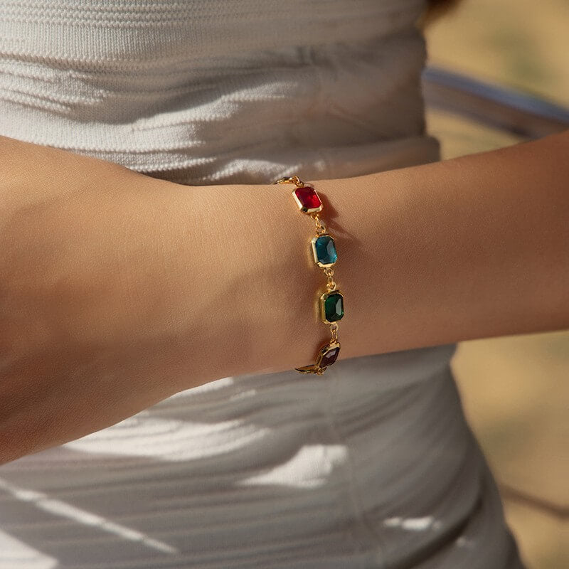 Colorful Crystal Charm Chain Brass Bracelet