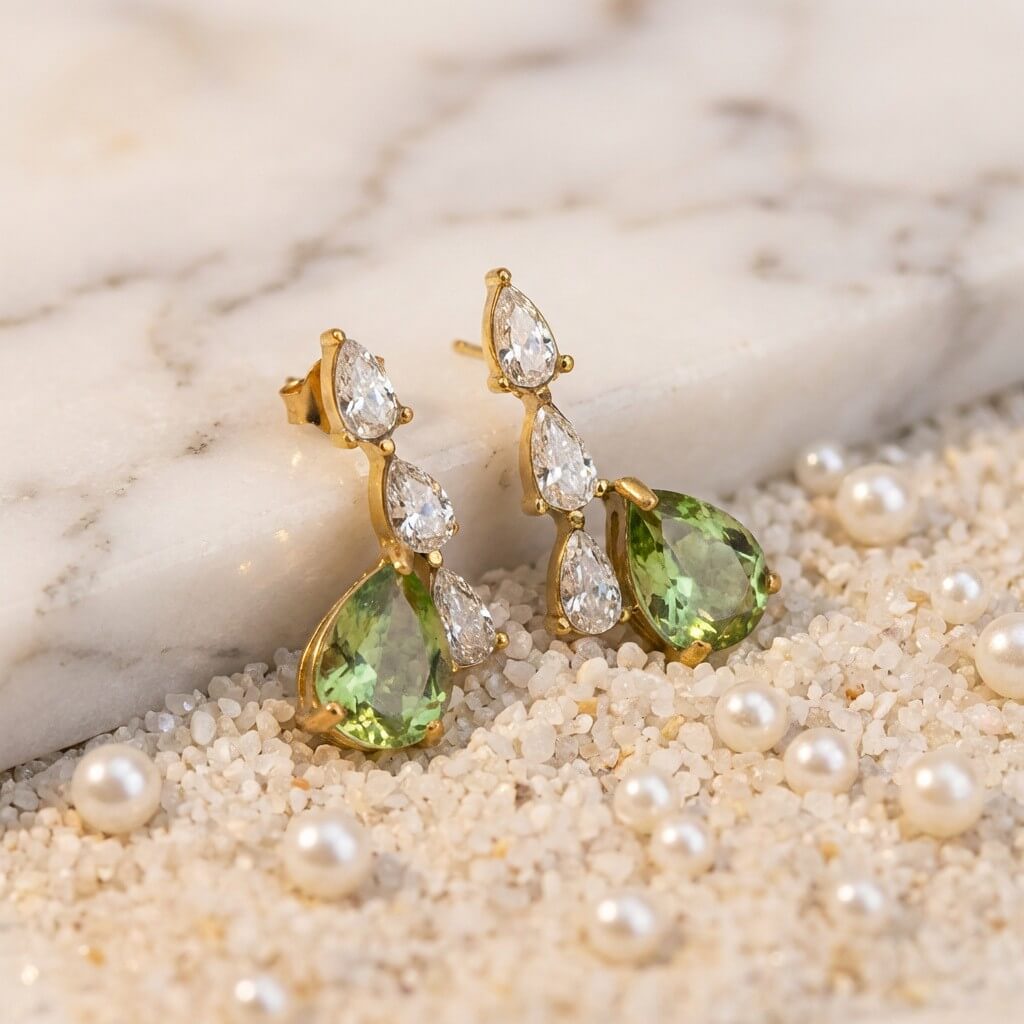 Teardrop Olive Green & Clear Cubic Zirconia Drop Studs
