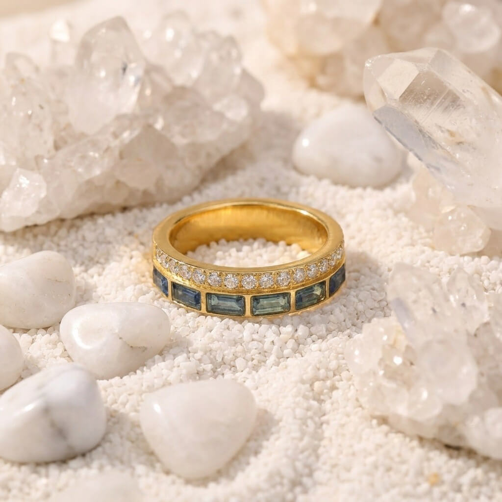 Waterproof Ocean Blue Baguette CZ Double Row Ring