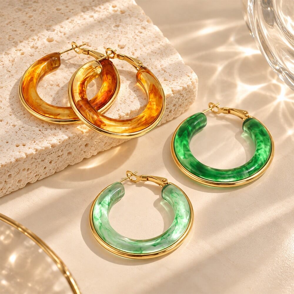 Chunky Resin Hoop Earrings 18K Gold Stainless Steel