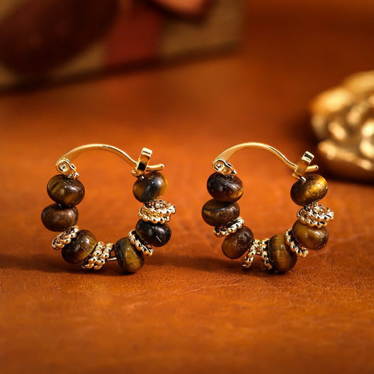 Gold Plated Brass Natural Tiger's Eye Beaded Hoop Earrings