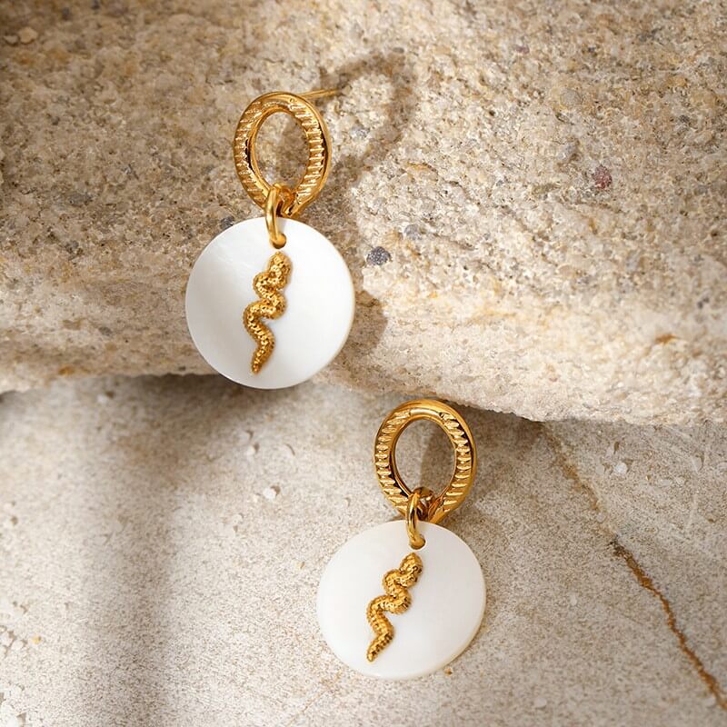 Waterproof Snake Shell Disc Drop Earrings