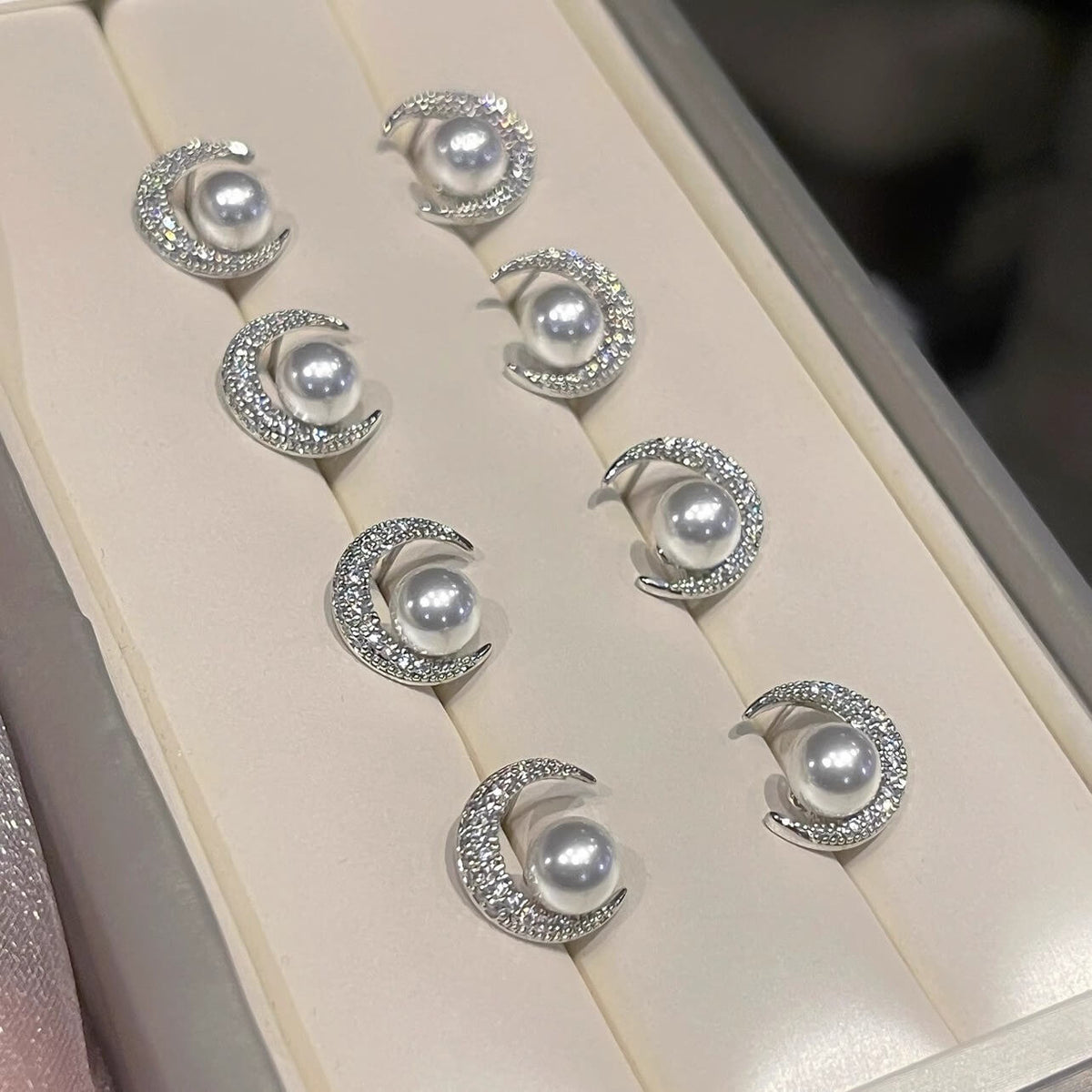 Crescent Moon Pearl CZ Stud Earrings