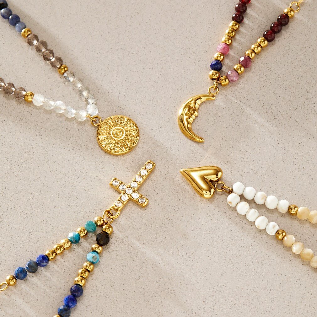 18K Gold Natural Stone Beaded Necklace