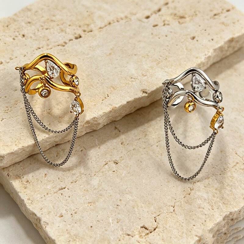 18K Gold Wavy CZ Dangle Chain Ring