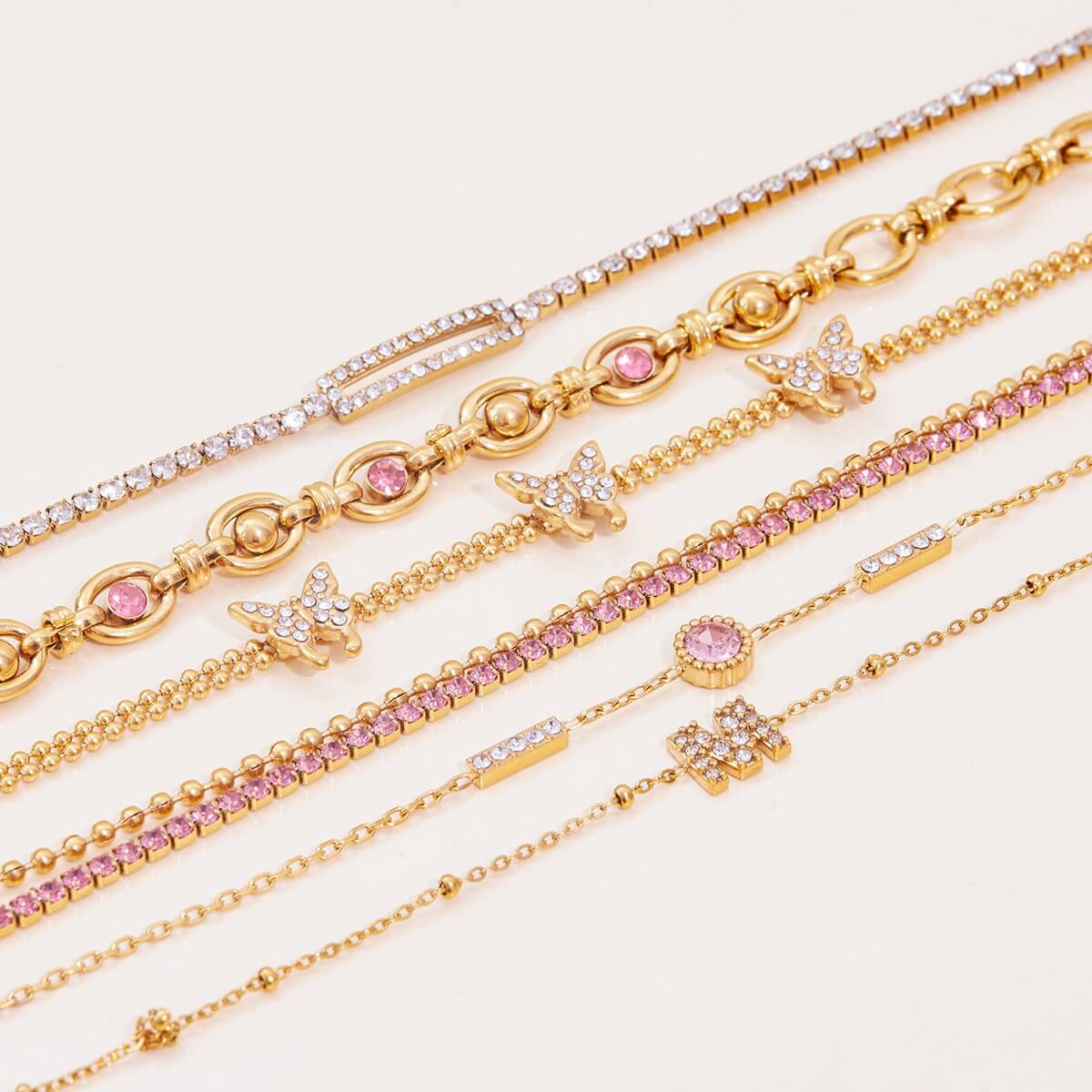 18K Gold Plated Butterfly & Crystal Bracelet Stack Set