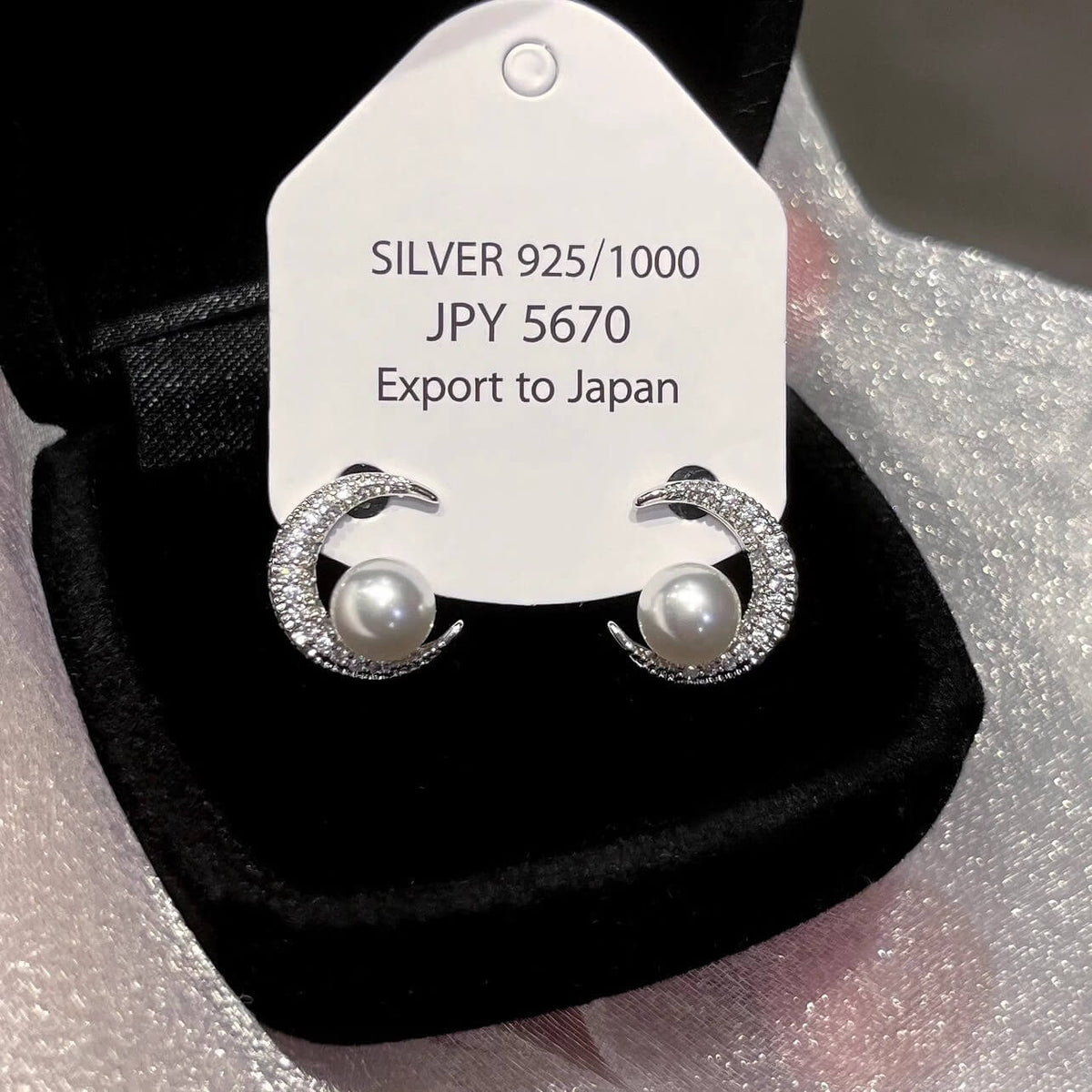 Crescent Moon Pearl CZ Stud Earrings
