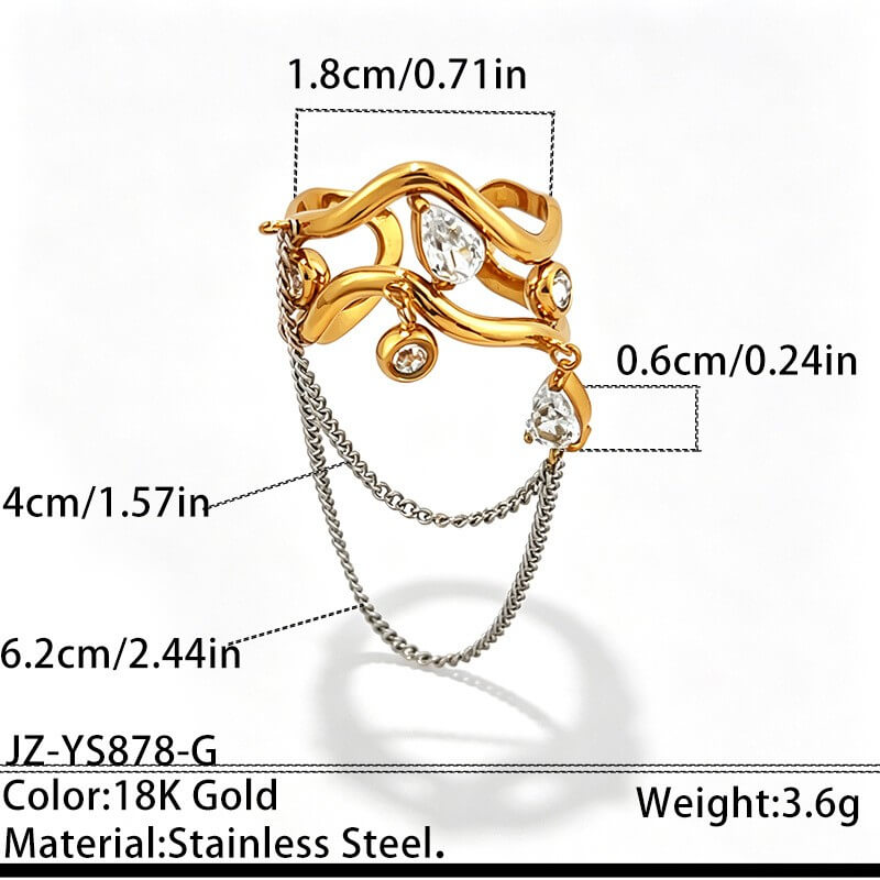18K Gold Wavy CZ Dangle Chain Ring
