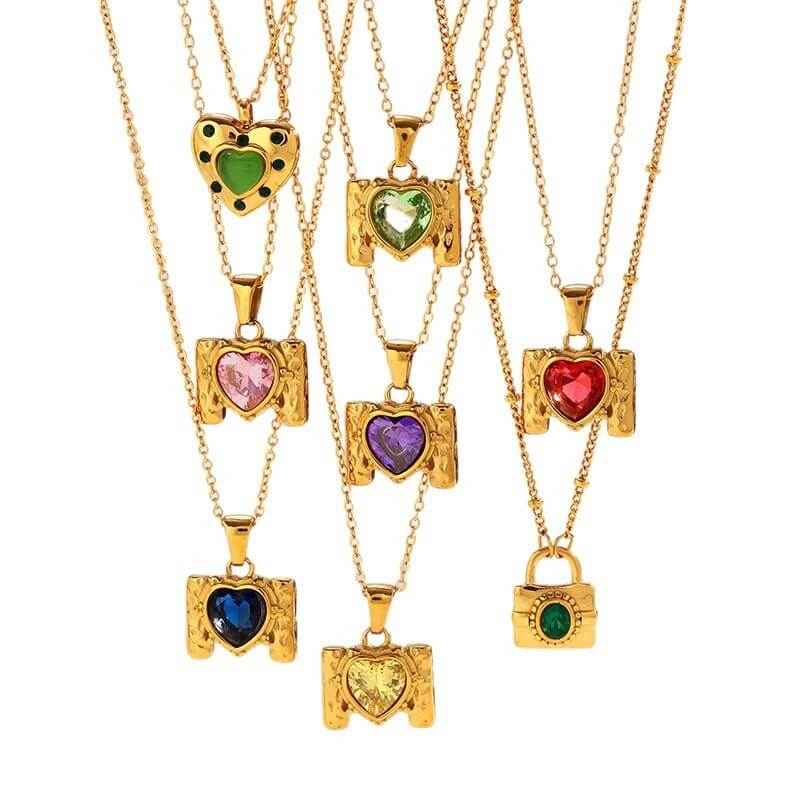 Retro Framed Heart CZ Birthstone Necklace
