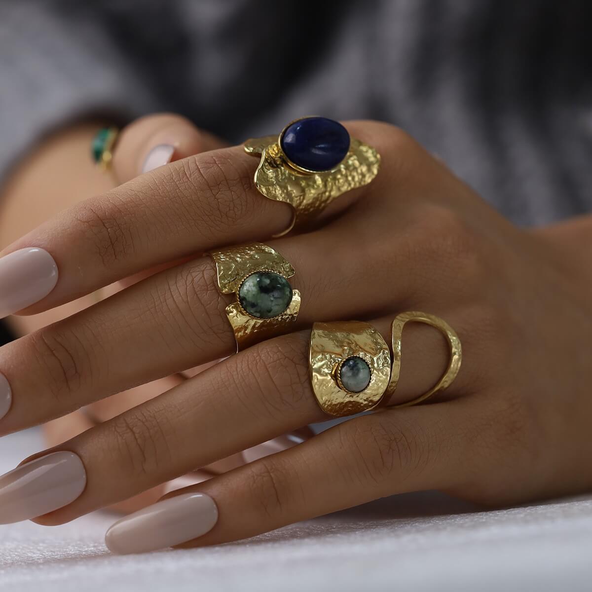 Boho Natural Stone Hammered Open Ring