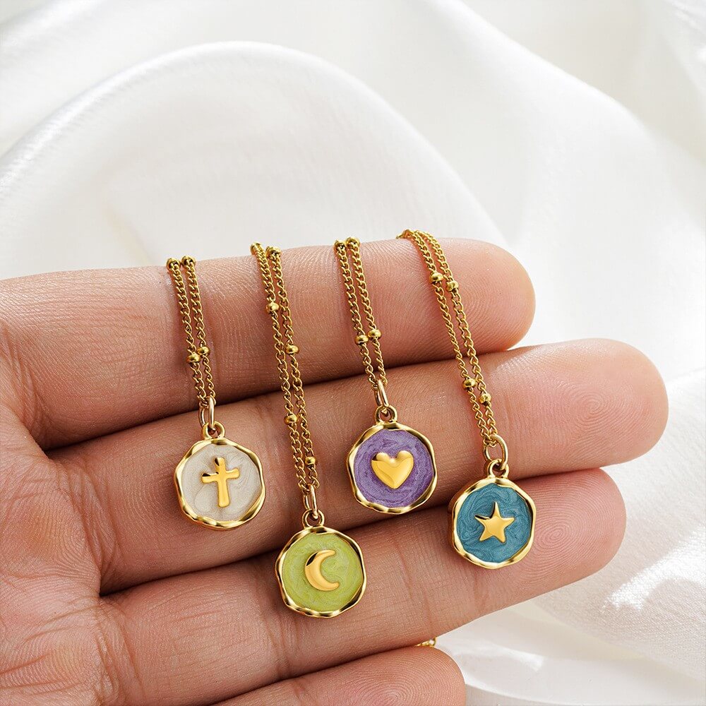 18K Gold Plated Stainless Steel Enamel Coin Pendant Necklace